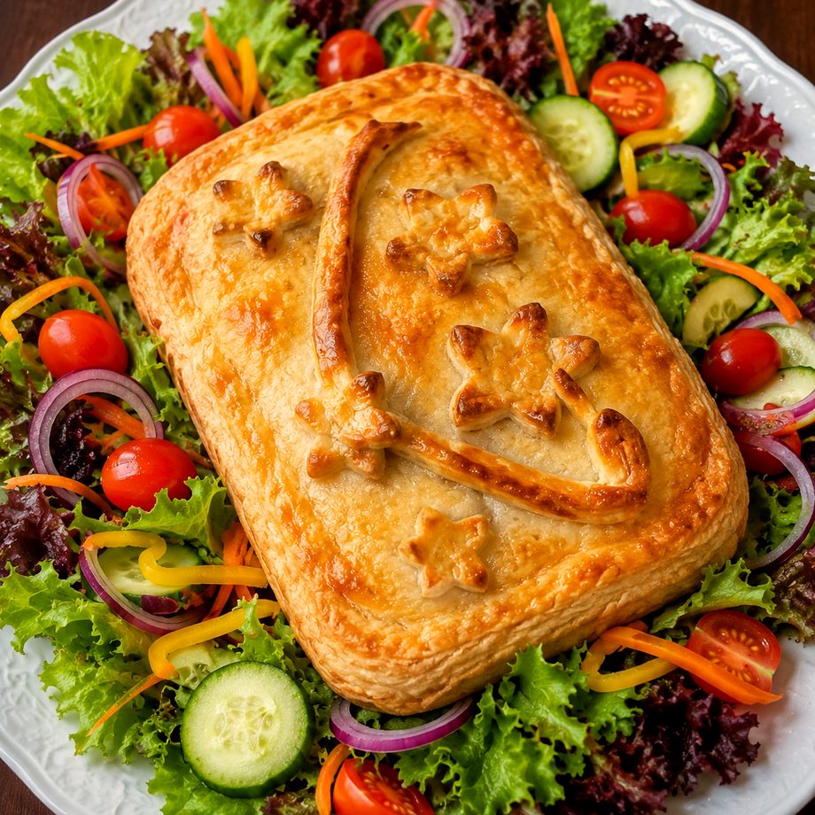 Torta cremosa dourada servida com salada
